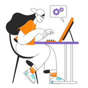 Ilustración animada de una persona trabajando con un ordenador